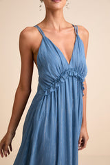 Massiel Blue Lurex Ruffled Maxi Dress