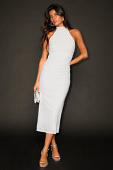Audra White Mesh Mock Neck Bodycon Midi Dress
