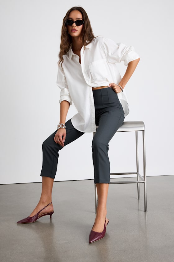 Cleo Dark Grey Tailored High-Rise Slim Leg Trouser Pants
