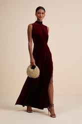 Classic Elegance Wine Red Velvet Sleeveless Mock Neck Maxi Dress