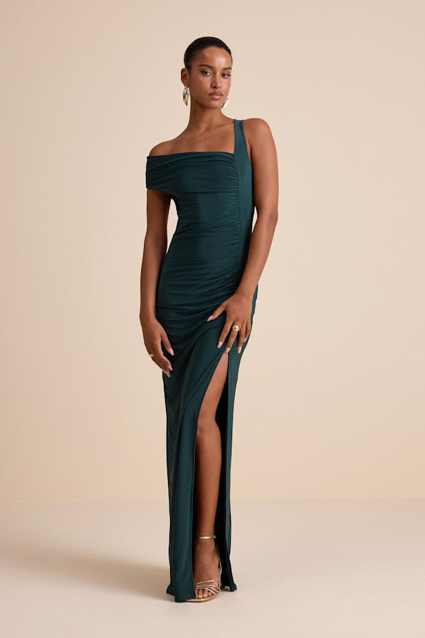 Josie Emerald Green Jersey Knit Ruched Maxi Dress