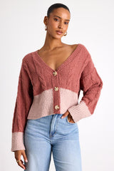 Convincingly Cozy Rusty Rose and Pink Cable Knit Boucle Cardigan