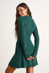 Adorably Flirty Emerald Button-Front Sweater Mini Dress