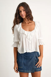 Hermione Ivory Ruffled Button-Front Top