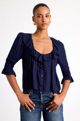 Hermione Navy Ruffled Button-Front Top