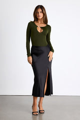 Ramia Forest Green Slinky Knit Cutout Long Sleeve Bodysuit
