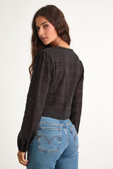 Keyra Black Button-Front Balloon Sleeve Crop Top