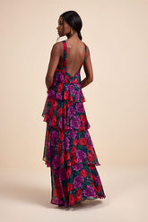Allegria Navy Floral Clip Dot Tiered Backless Maxi Dress