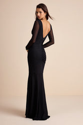 Georgina Black Jersey Knit Ruched Mermaid Maxi Dress