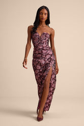 D���Amore Plum Floral Jacquard Strapless Tulip Maxi Dress