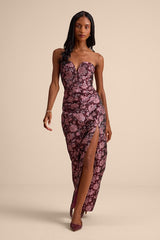 D���Amore Plum Floral Jacquard Strapless Tulip Maxi Dress