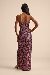 D���Amore Plum Floral Jacquard Strapless Tulip Maxi Dress