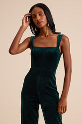 Sayana Emerald Velvet Sleeveless Straight Leg Jumpsuit
