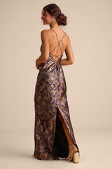 Sheeva Shiny Brown Multi Abstract Satin Lace-Up Maxi Dress