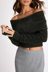 Ravenna Forest Green Eyelash Knit Off-the-Shoulder Sweater Top