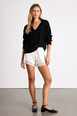Ewan Black Sequin Cable Knit V-Neck Sweater