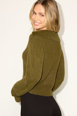 Poehler Olive Eyelash Knit Collared Cropped Cardigan