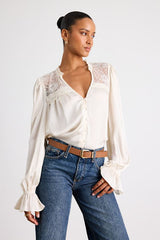 Atwood Ivory Textured Lace Long Sleeve Button-Front Top