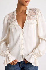 Atwood Ivory Textured Lace Long Sleeve Button-Front Top