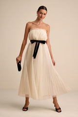 Ferreira Cream Tulle Pleated Bow Strapless Midi Dress