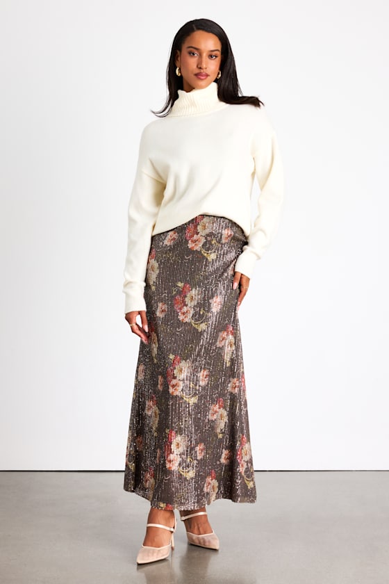 Shelisa Grey Floral Sequin High-Rise Maxi Skirt