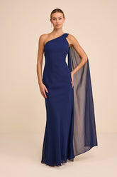 Carmenza Navy One-Shoulder Sash Maxi Dress