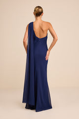 Carmenza Navy One-Shoulder Sash Maxi Dress