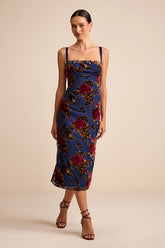 Tessa Navy Floral Velvet Burnout Column Midi Dress