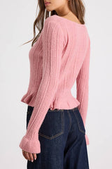 Midge Pink Ribbed Knit Ruffled Cardigan
