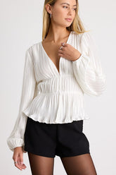 Kipton White Plisse Hook-and-Eye Long Sleeve Top