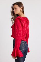 Esmina Red Jacquard Ruffled Tie-Front Top