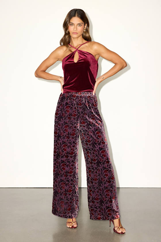 Hara Purple Multi Floral Velvet Wide-Leg Pants