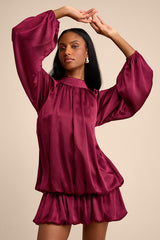 Nagaina Burgundy Satin Drop Waist Bubble-Hem Mini Dress