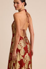 Brinley Rust and Gold Floral Jacquard Halter Maxi Dress