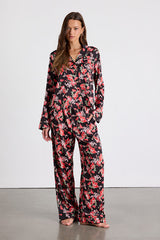 Galette Black Multi Floral Satin Two-Piece Pajama Set