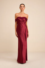 Alaida Wine Red Satin Off-the-Shoulder Maxi Dress