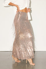 Audrina Rose Gold Sequin Fringe Mid-Rise Maxi Skirt