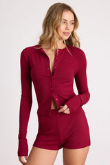 Rimsley Wine Red Ribbed Knit Button-Up Top