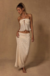 Malita Cream Crochet Sequin Low-Rise Maxi Skirt