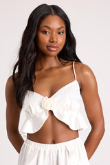 Sarua Ivory Satin Rosette Two-Piece Lingerie Pajama Set