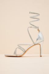 Georgie Silver Rhinestone Ankle Wrap High Heel Sandals