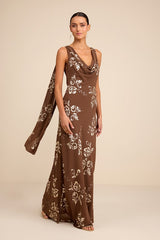 Sidonia Brown and Gold Floral Cowl Sash Maxi Dress