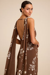 Sidonia Brown and Gold Floral Cowl Sash Maxi Dress