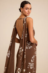Sidonia Brown and Gold Floral Cowl Sash Maxi Dress