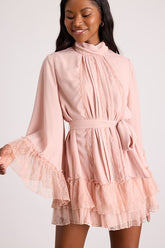 Sidonie Blush Pink Lace Bell Sleeve Mini Dress