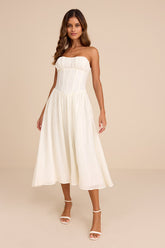 Aspen Ivory Plisse Strapless Bustier Midi Dress