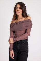 Good Times Brown Mesh Off-the-Shoulder Long Sleeve Top