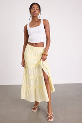Cherish Light Yellow Eyelet Embroidered Tiered Maxi Skirt