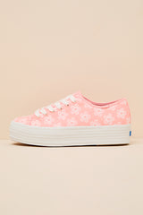 Triple Up Neon Coral Floral Embroidered Platform Sneakers