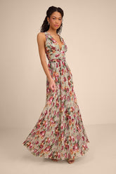 Leora Sage Floral Pleated Tiered Maxi Dress